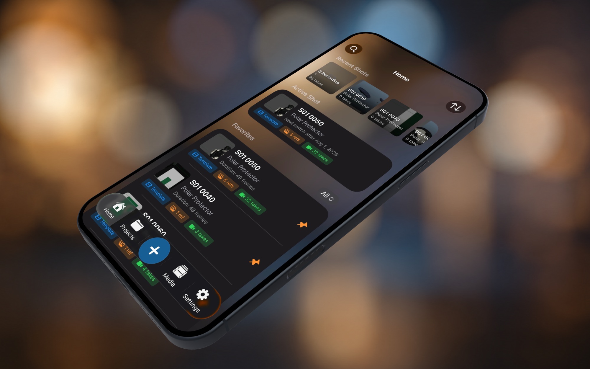 RefTake's home screen on an iPhone, floating in front of blurred studio lights